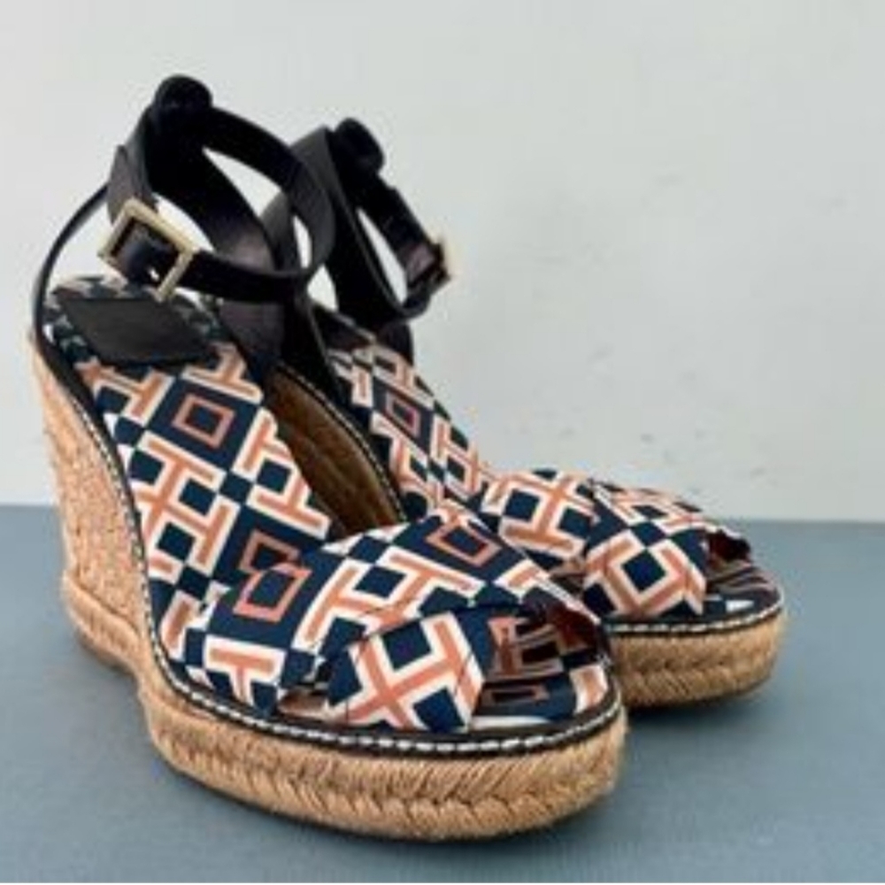 Tory Burch navy wedge sandals,  ladies size 8